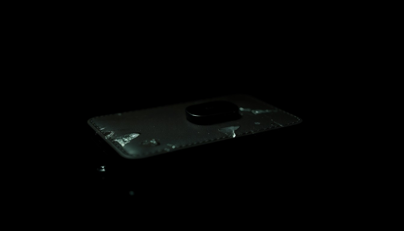 An extreme close-up photograph of a water-damaged and partially submerged personal item, such as a wallet or cell phone, lit by a harsh, direct camera flash against a pitch-black background, creating a stark and gritty investigative aesthetic.