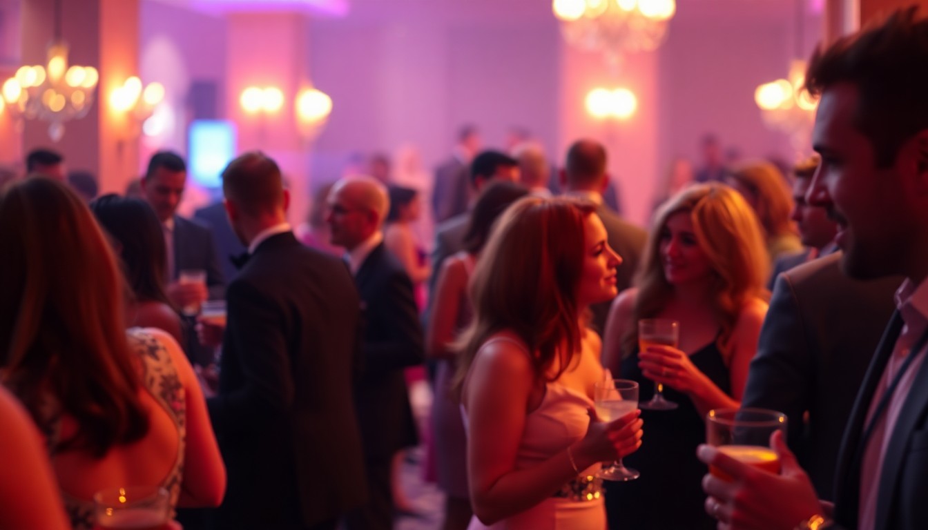 An abstract, impressionistic photograph of an elegant event, with blurred figures in formal wear and soft, warm lighting creating a sense of celebration and community.