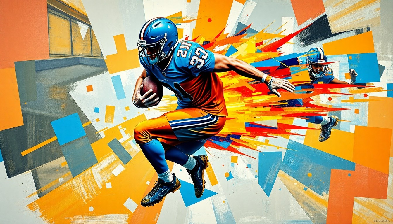 A fragmented, geometric painting in bold, clashing colors that captures the raw energy and explosive movements of a football player, conveying the competitive tension surrounding Tyreek Hill's free agency.