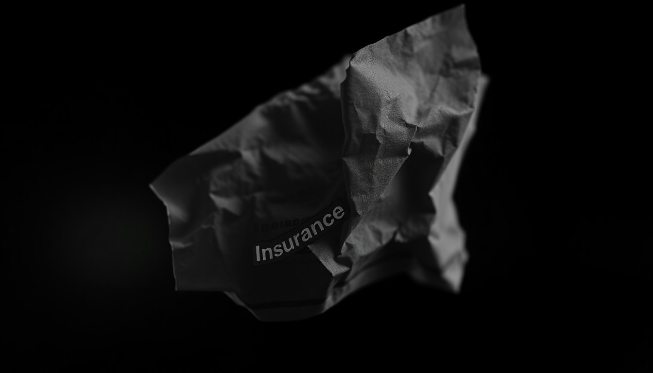 An extreme close-up photograph of a crumpled insurance document or payment stub, the harsh flash illuminating the textured paper and creating deep shadows to convey a sense of investigation and wrongdoing.