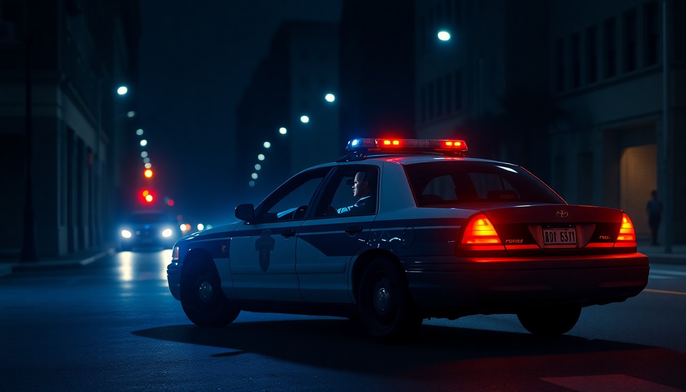 A dimly lit urban street scene with a solitary police car parked, the officer inside illuminated by the dashboard lights, capturing the tension and uncertainty surrounding the debate over sanctuary policies.
