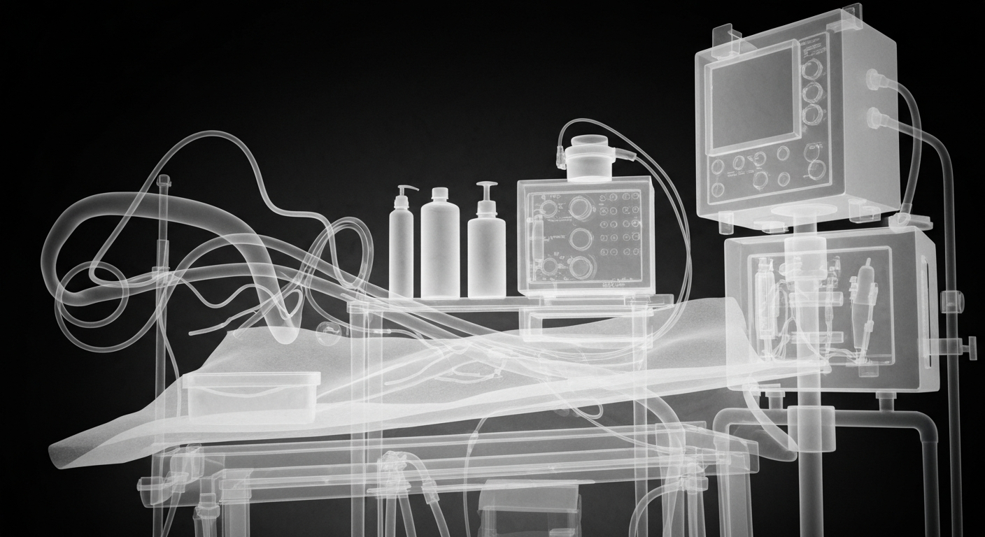 A ghostly, translucent X-ray photograph revealing the internal structures of medical equipment and supplies, conceptually representing the clinical response to the Oklahoma City bombing tragedy.