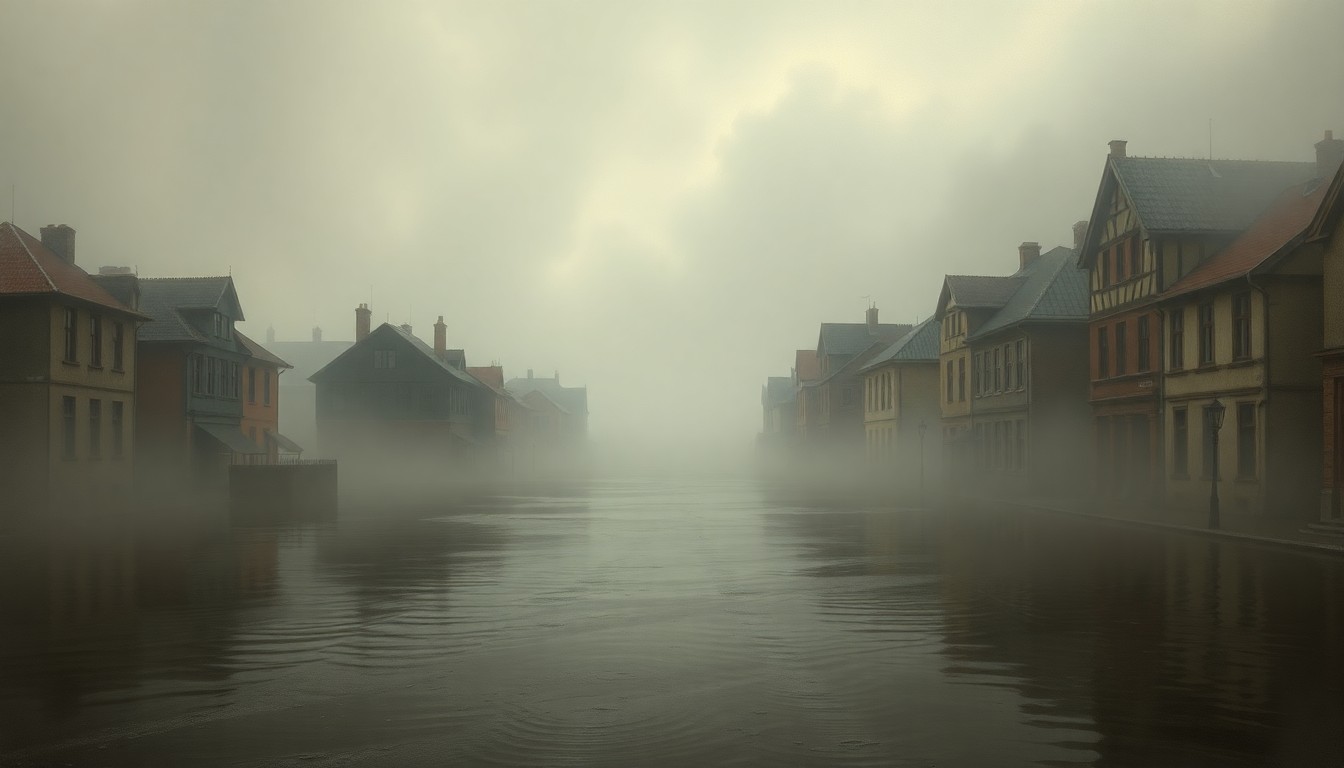 A sweeping, atmospheric landscape painting in muted tones, depicting a flooded street with water rising up to the second story of buildings, conveying the overwhelming power of nature.