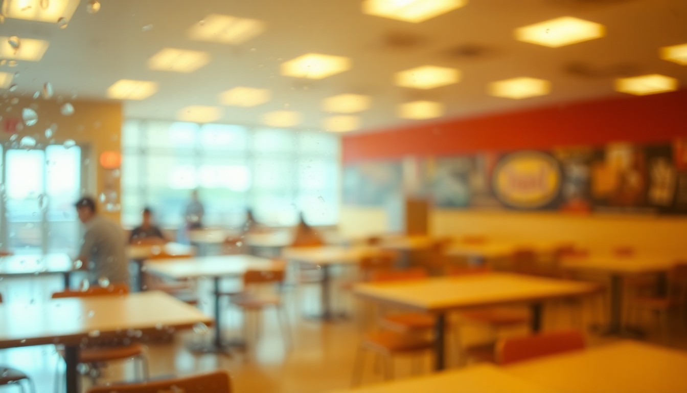An abstract, impressionistic scene of blurred shapes and colors representing the concept of a school cafeteria breakfast, conveying a sense of warmth and community.
