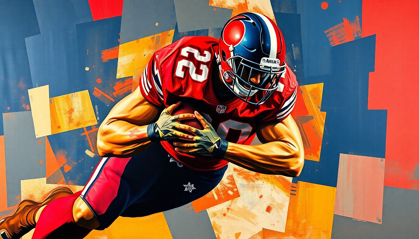 A fragmented, cubist-style painting depicting a defensive lineman making a tackle, with sharp geometric shapes and bold colors capturing the raw energy and motion of the play.