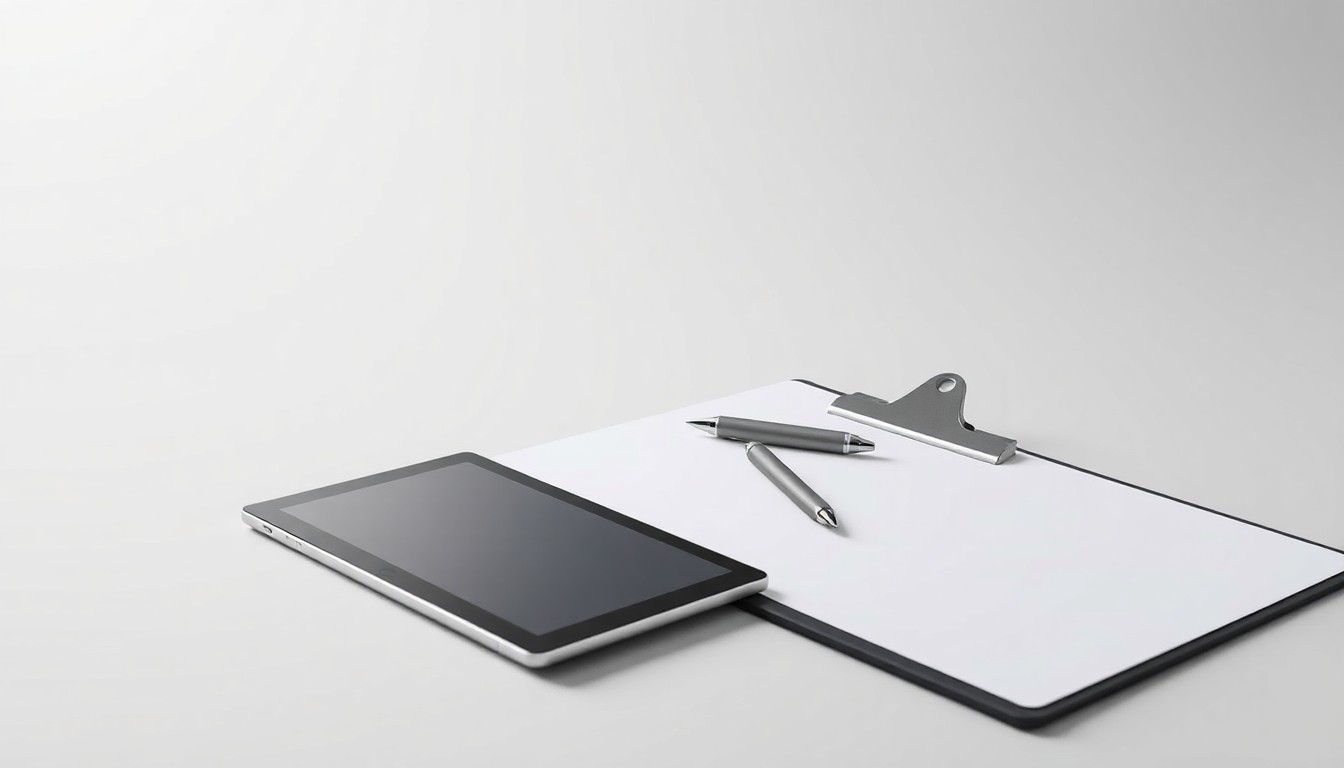 A clean, high-contrast studio photograph featuring a tablet, pen, and clipboard arranged on a solid gray background, symbolizing the digital tools and data-driven insights that power modern field service management.