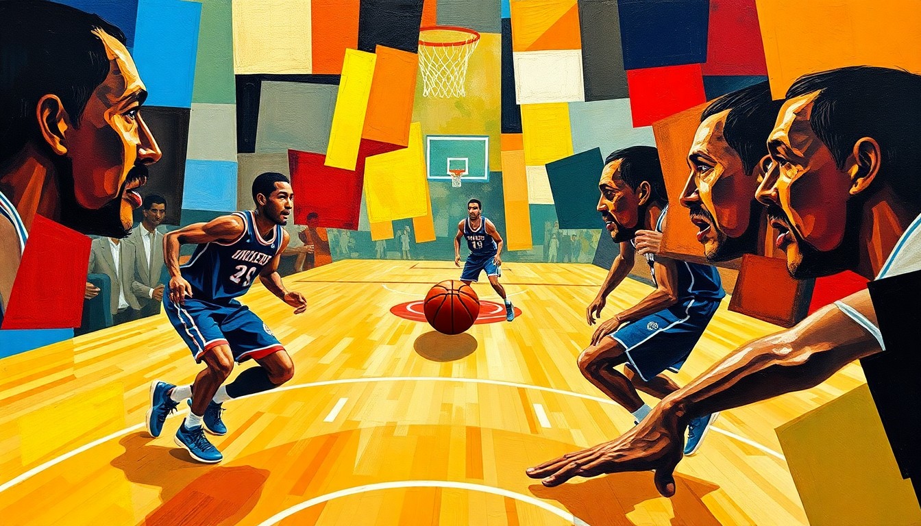 A fractured, multi-perspective painting in a cubist style, breaking down a basketball game into sharp, overlapping geometric planes of color and shape, with the players' faces and uniforms deconstructed into abstract forms.