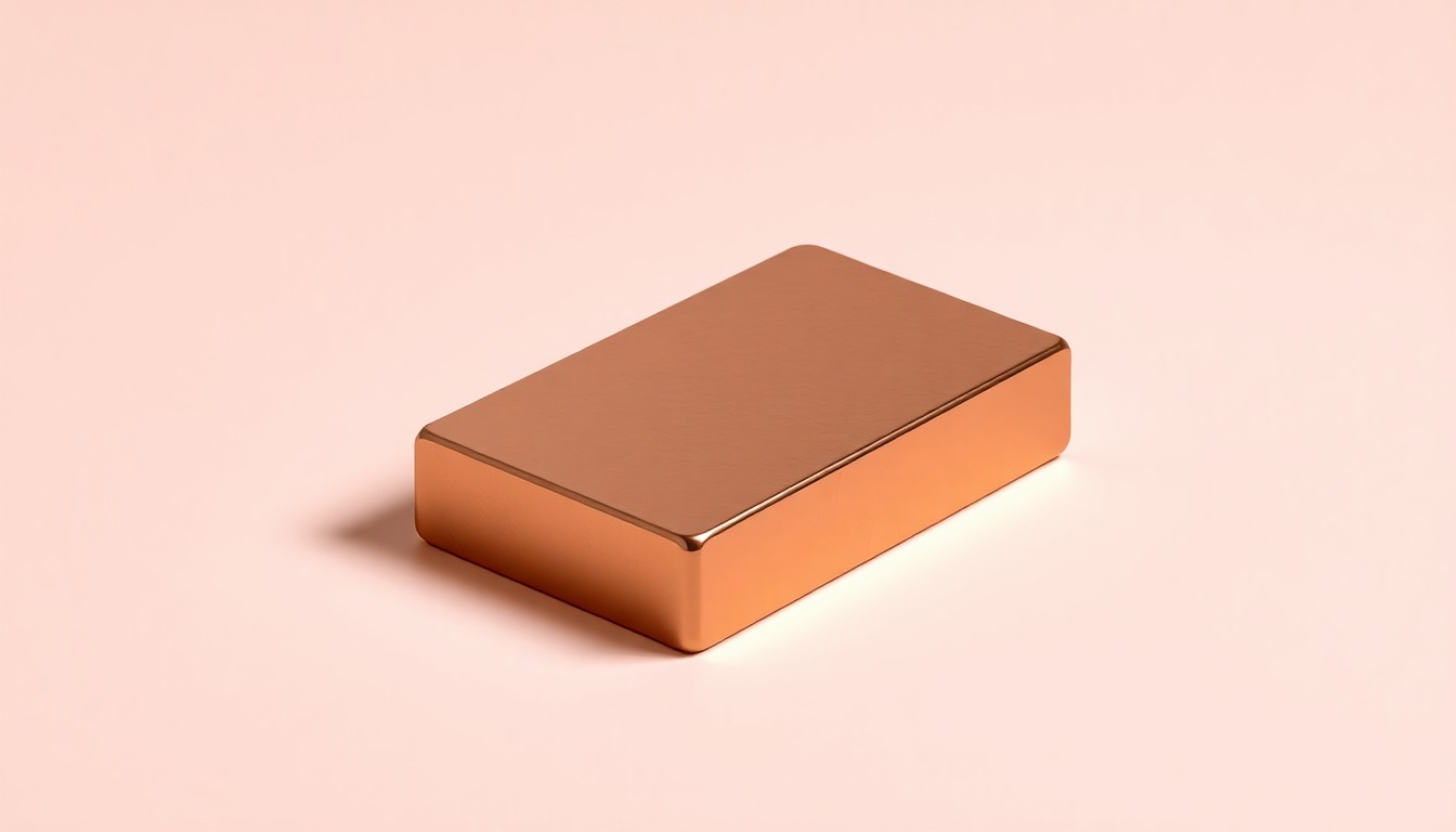 A photorealistic studio still-life image of a polished copper ingot resting on a clean, monochromatic background, conveying the abstract concepts of sustainability metrics and material transparency.