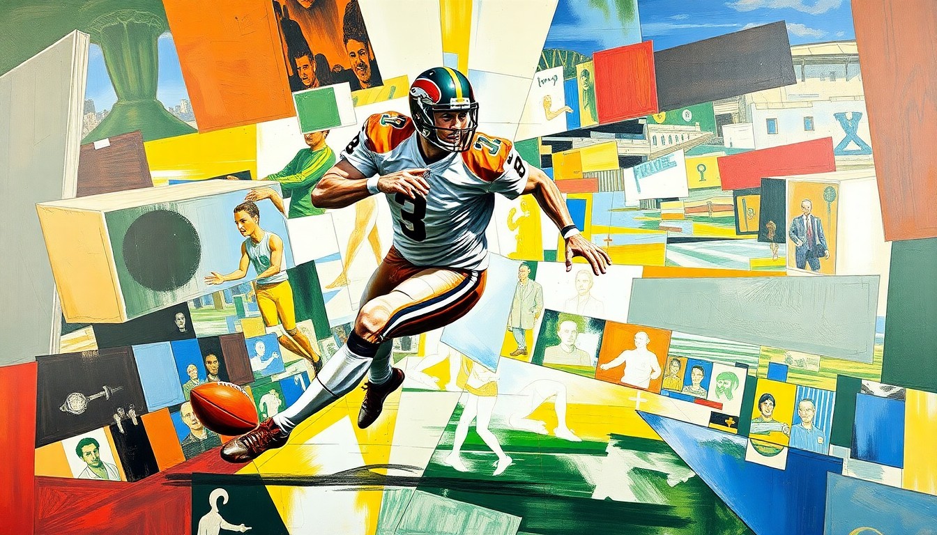A fragmented, geometric painting depicting a football player in motion, with sharp, overlapping shapes and planes representing the raw power and athleticism of the sport.