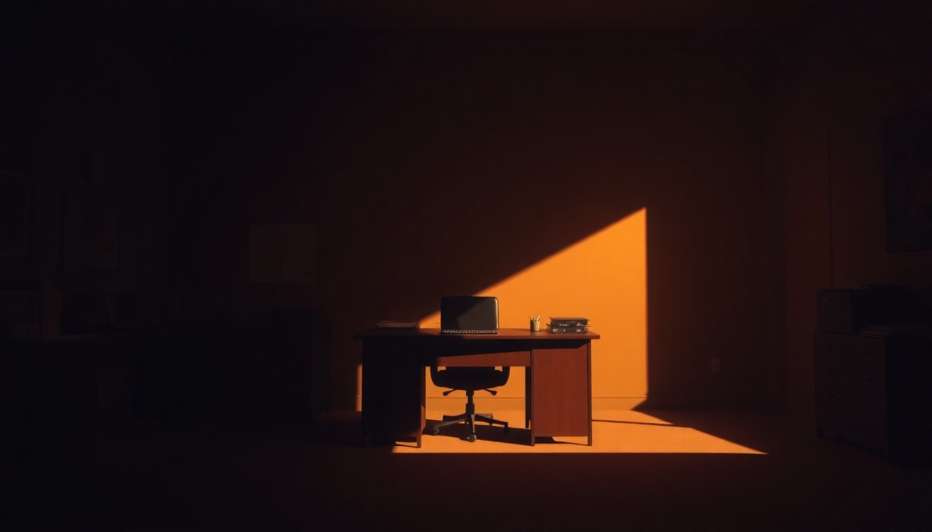 A detailed, photorealistic painting of a government office desk in warm, golden light, with only the desk and a few office supplies visible, conveying a sense of solitude and bureaucratic inertia.