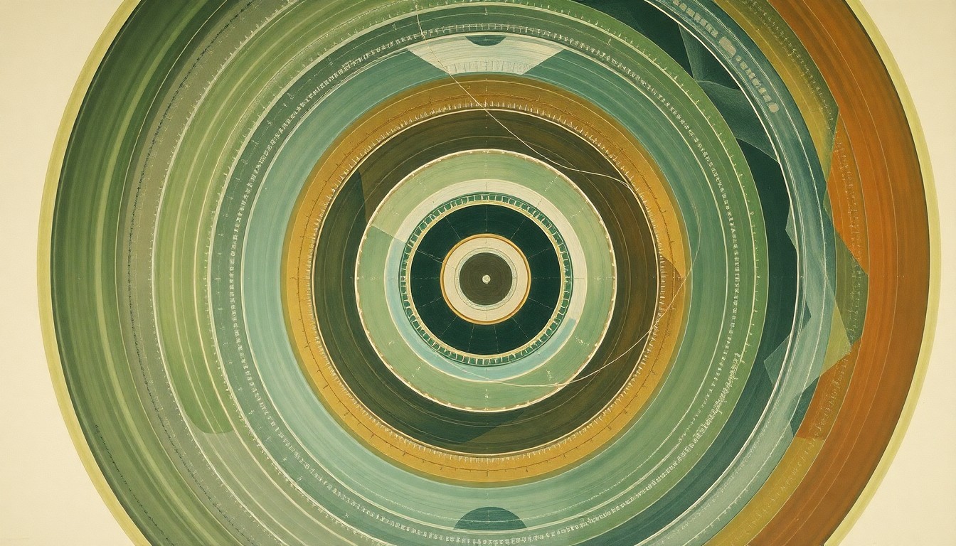 A bold, highly structured abstract painting featuring sweeping geometric arcs, concentric circles, and precise spirals in earthy tones of green, brown, and blue, conceptually representing the complex engineering and assembly of the Artemis rocket core stage.