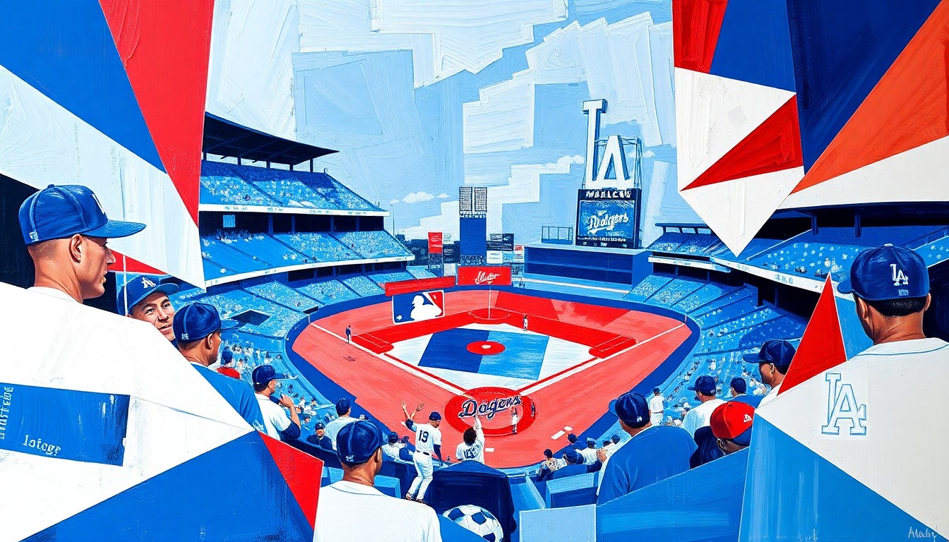 A cubist, geometric painting depicting a Dodgers baseball game, with sharp, overlapping planes of blue, white, and red representing the energy and passion of the sport.
