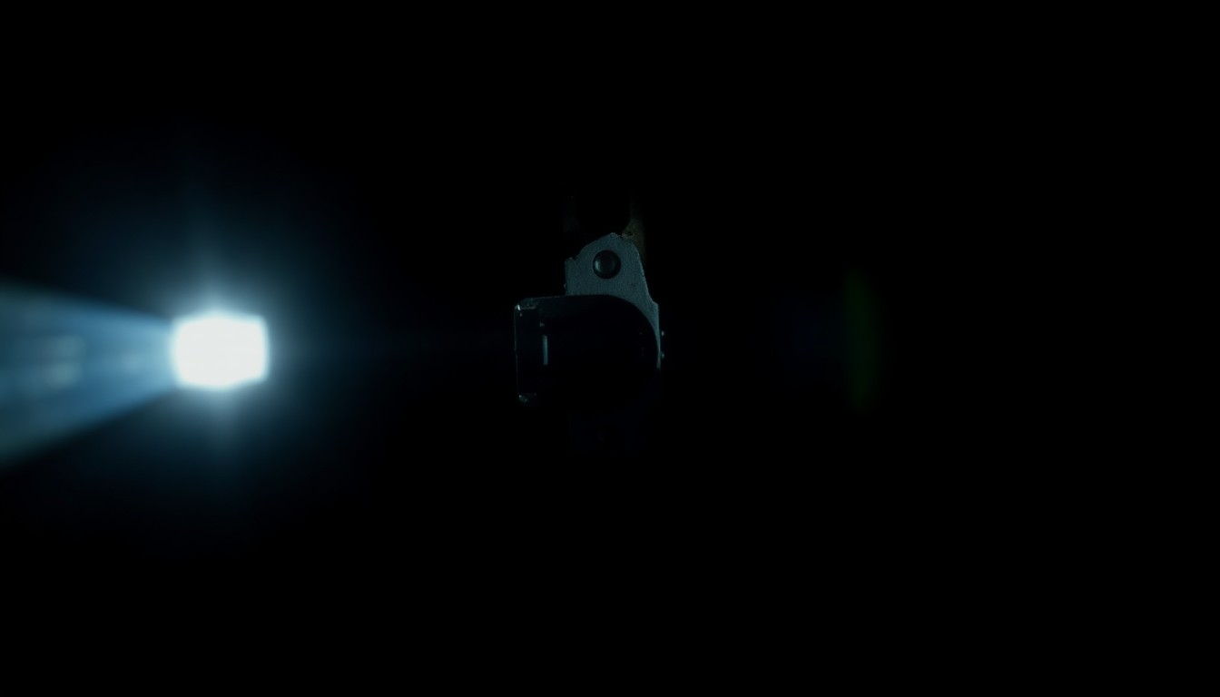 An extreme close-up of a shattered window lock mechanism, reflecting a harsh, direct camera flash, conceptually illustrating the aftermath of a home burglary.
