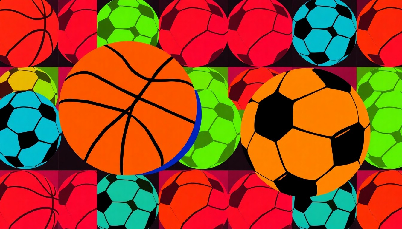 A repeating grid of brightly colored, high-contrast silkscreen images of a basketball and a soccer ball, conceptually representing the athletic accomplishments of a hardworking student-athlete.