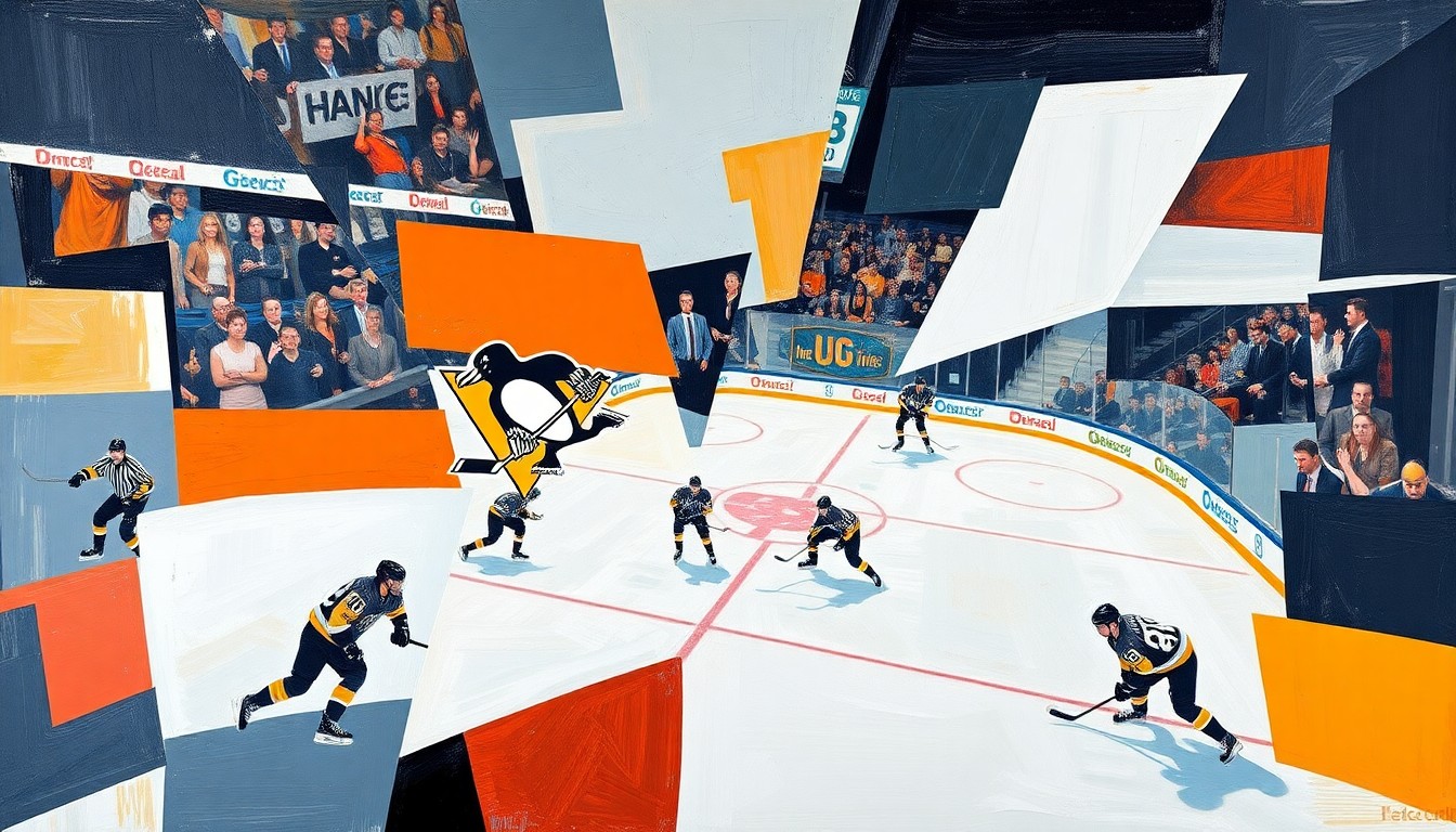 A cubist, geometric painting depicting a hockey game between the Pittsburgh Penguins and Philadelphia Flyers, with the players and action broken down into sharp, overlapping planes of color and shape.