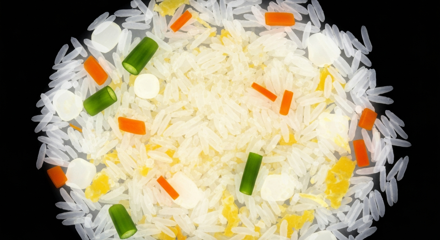 A translucent X-ray photograph showing the internal structure of a fried rice dish, the individual grains and vegetables visible as ghostly, glowing lines against a dark background, conceptually illustrating the hidden dangers of glass contamination in food products.