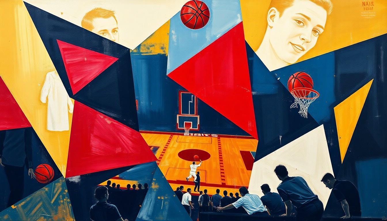 A fragmented, cubist-style painting depicting the chaotic state of SMU's basketball roster, with sharp geometric shapes in navy, red, and gold representing the upheaval and uncertainty facing the program.