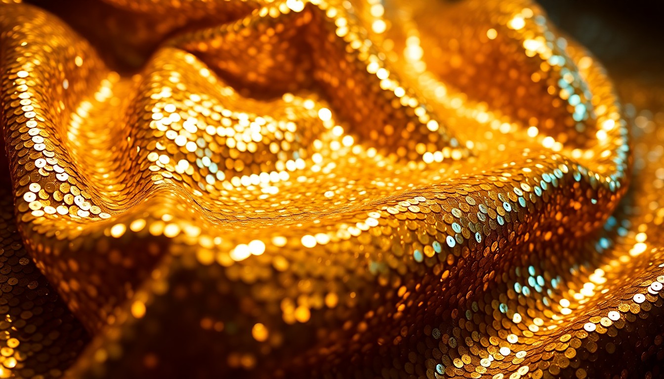An extreme close-up photograph of a crumpled, glittering gold sequin fabric, using dramatic, high-contrast studio lighting to create a luxurious, high-fashion aesthetic that conceptually represents the legacy of a legendary country music songwriter.