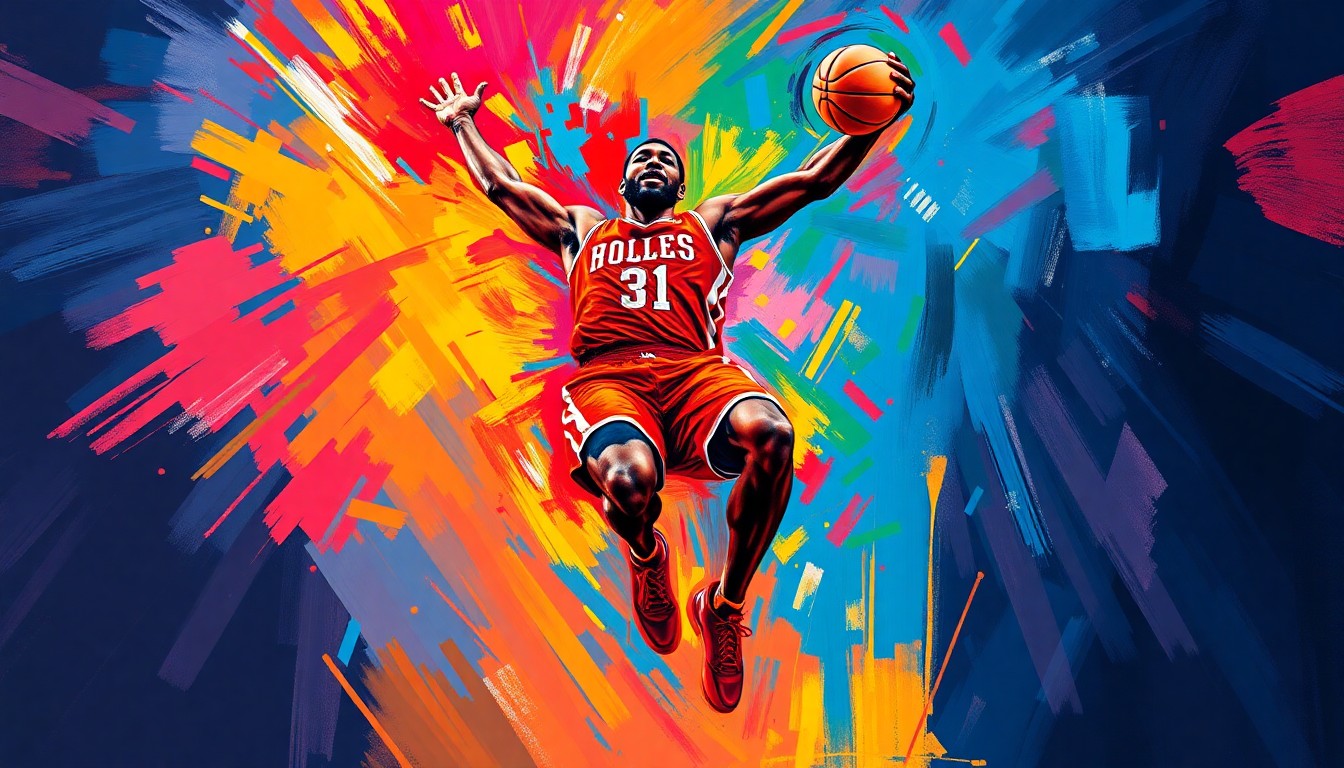 A dynamic, abstract painting in neon colors depicting the powerful, blurred movements of a towering basketball player, representing the raw athletic energy and dominant presence of NBA star Victor Wembanyama.