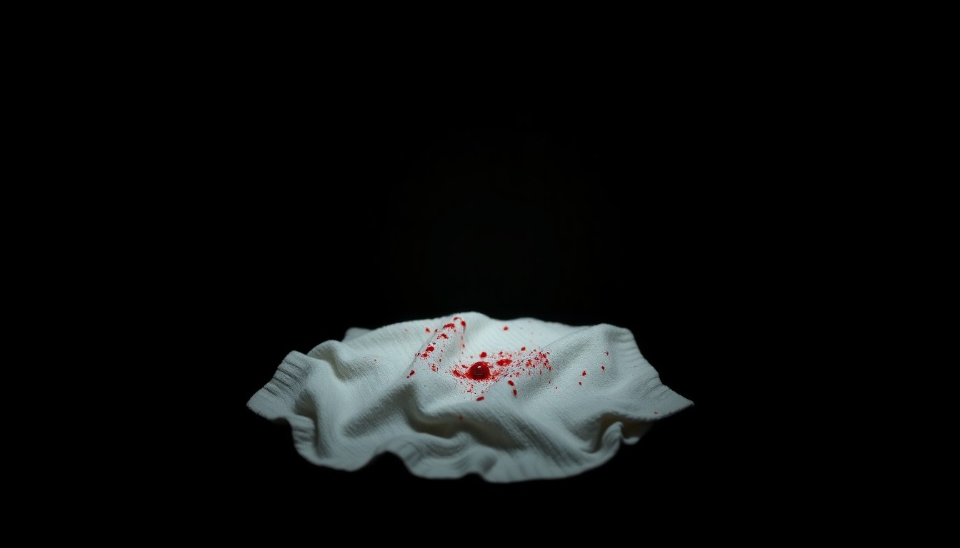 An extreme close-up of a small, bloodied baby blanket against a pitch-black background, conceptually illustrating the tragic circumstances surrounding the infant's passing.