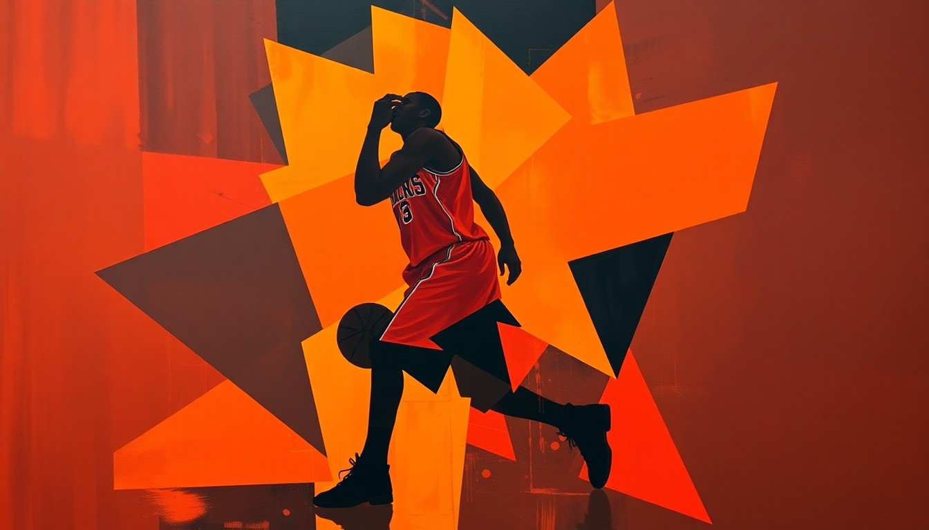 A cubist-style painting depicting a basketball player's silhouette broken down into sharp, overlapping geometric shapes in warm tones, conveying the uncertainty surrounding Tyler Herro's future with the Miami Heat.