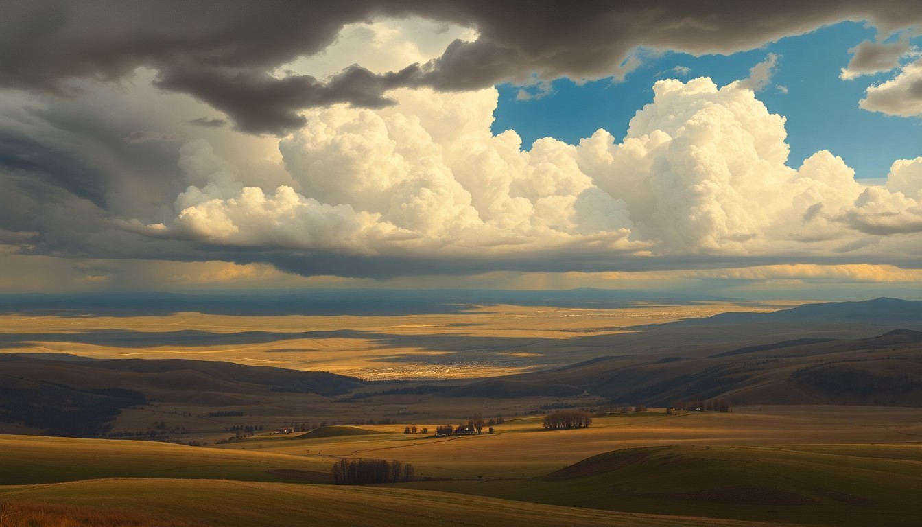 A sweeping, atmospheric landscape painting in muted tones of grey, blue, and green, capturing the dramatic, shifting clouds and lighting over the rolling hills and valleys of Billings, Montana. The natural elements dominate the scene, dwarfing any small structures or human presence.
