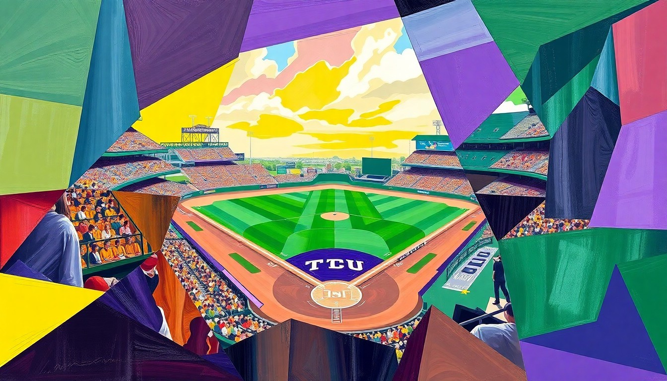 A fragmented, geometric painting depicting a college baseball game, with the players and field broken down into sharp, overlapping planes of vibrant purple, green, and gold colors.