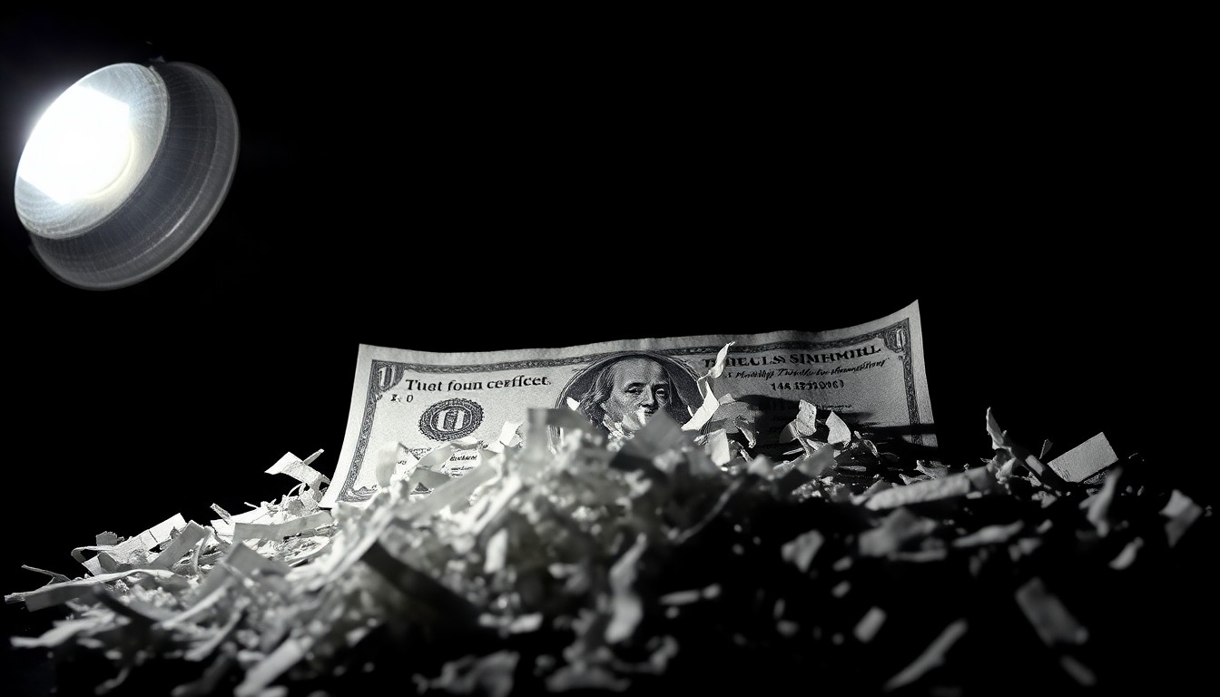 An extreme close-up photograph of a shredded financial document, such as a stock certificate or investment statement, lit by a harsh, direct camera flash against a pitch-black background, creating a gritty, investigative aesthetic that conceptually represents financial fraud.