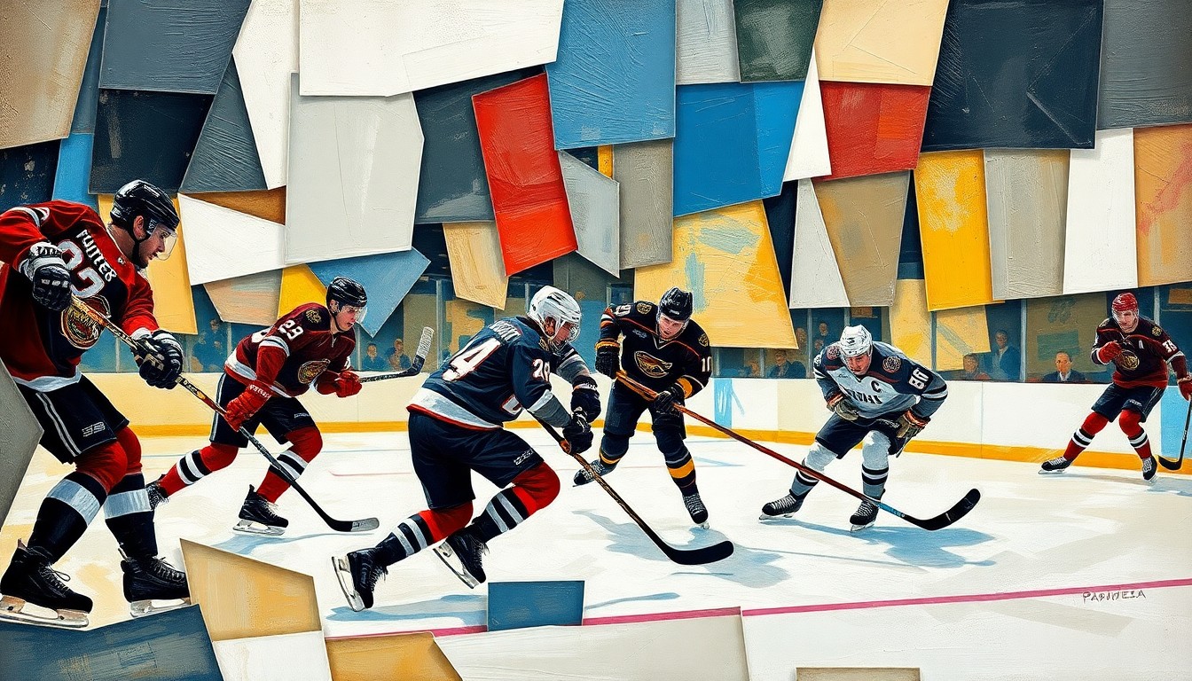 A fragmented, cubist-style painting depicting the overlapping geometric planes and sharp angles of a hockey game, with the players' movements and the intensity of the match expressed through the abstract, deconstructed composition.