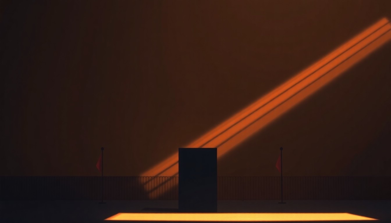 A serene, cinematic painting depicting a lone political campaign sign or podium set against a backdrop of warm, diagonal sunlight and deep shadows, conveying a sense of quiet contemplation and the weight of the political process.