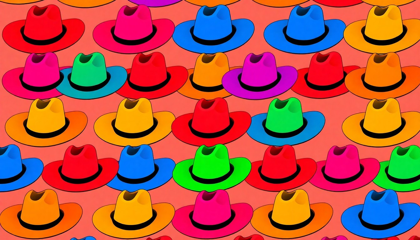 A grid of stylized, brightly colored silkscreen images of a rodeo cowboy hat, capturing the lively energy and iconic imagery of a Western-themed community event.