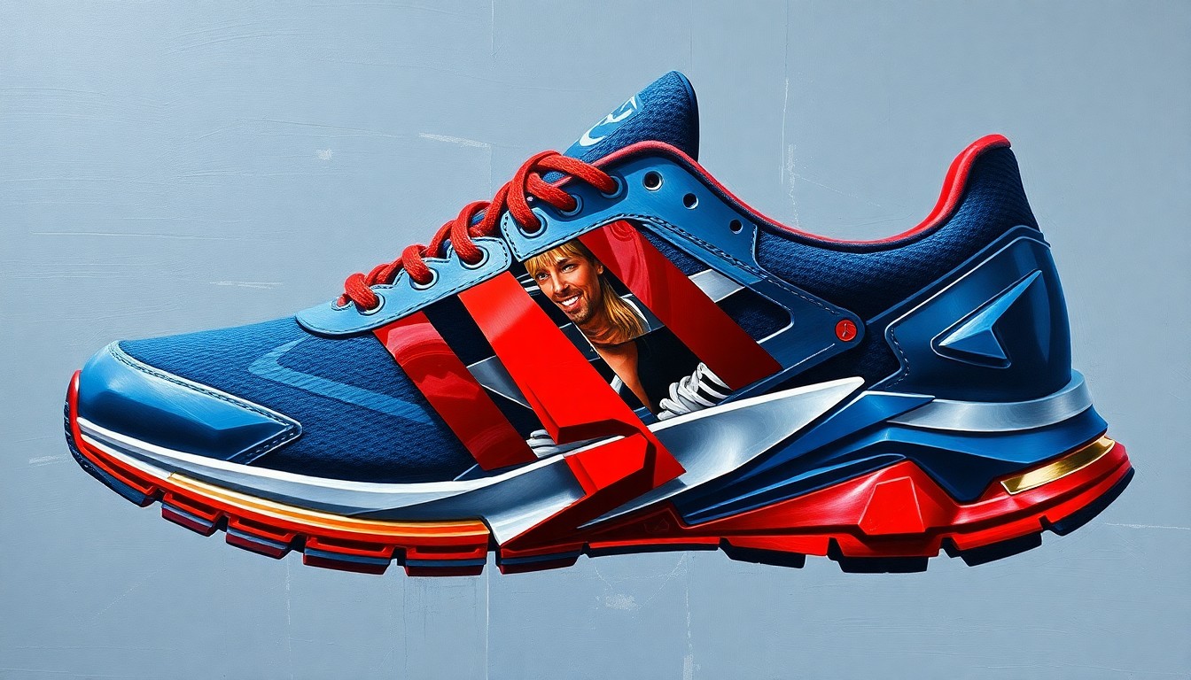 A fractured, multi-perspective illustration depicting the components of a high-tech running shoe, including the midsole, outsole, and upper, broken down into sharp, overlapping geometric shapes in a palette of navy, red, and silver, conceptually representing the advanced engineering behind the product.