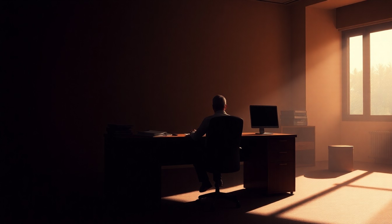 A dimly lit government office with a lone worker sitting at a desk, the space filled with warm, dramatic lighting and deep shadows, conveying a sense of solitude and unease.