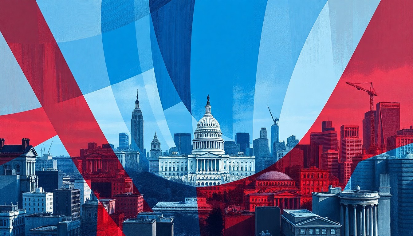 An avant-garde painting featuring a city skyline with government buildings and infrastructure repeated in overlapping, fractured, geometric waves of color, conceptually representing the complex debate over the role of local government.