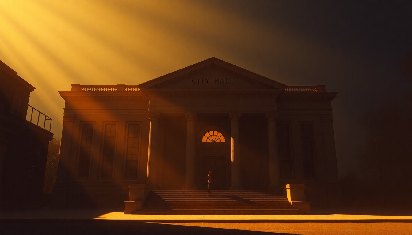 A photorealistic painting of a government building in a warm, golden light, with a single person standing on the steps, conveying a sense of quiet contemplation around a complex political decision.