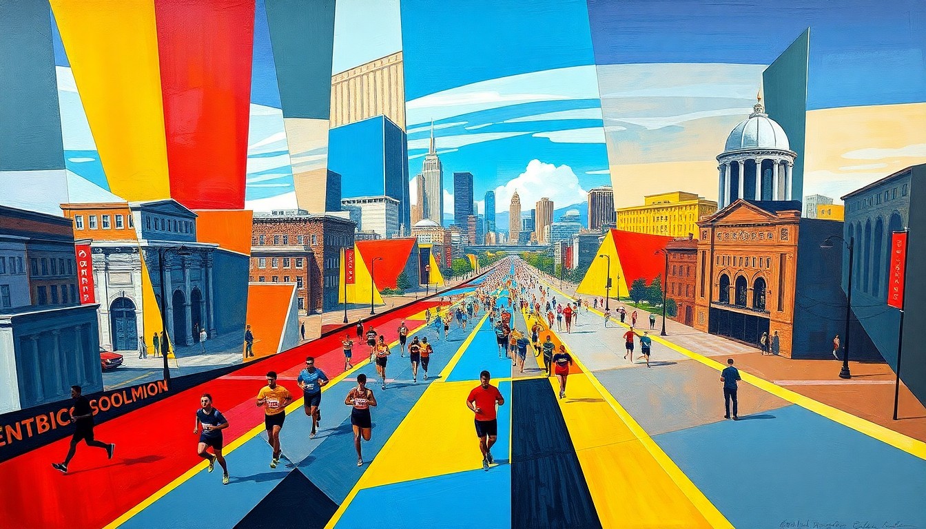 A fragmented, geometric painting in bold colors depicting runners, landmarks, and the Denver skyline, capturing the dynamic spirit of the city's largest marathon.