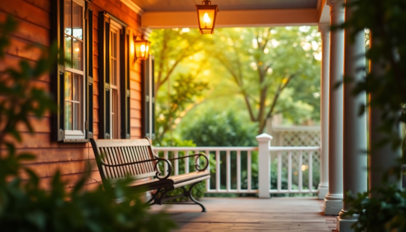 An abstract, out-of-focus photograph featuring a cozy front porch with a swing, surrounded by greenery and warm, glowing light, conceptually representing the historic yet updated character of the home.