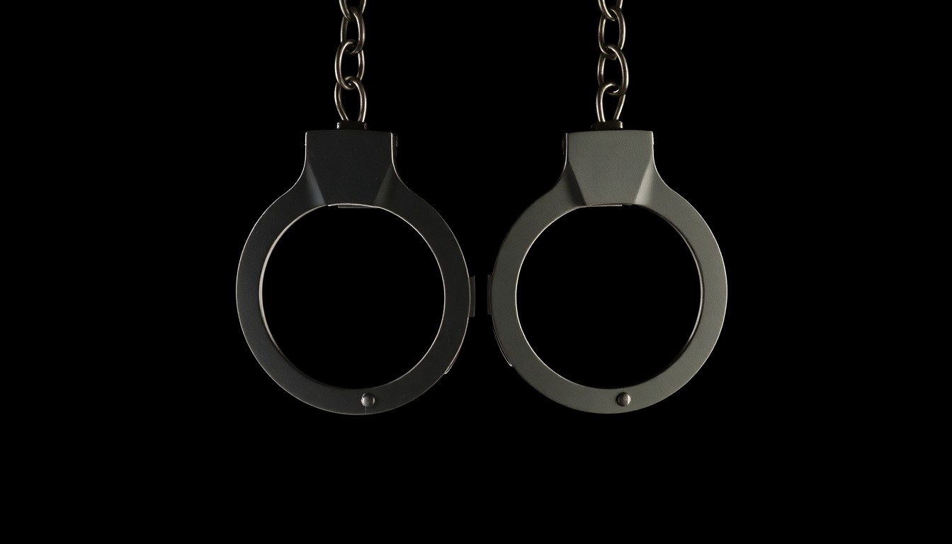 An extreme close-up photograph of a pair of metal handcuffs against a pitch-black background, the harsh flash illuminating the cold, unyielding metal and conceptually representing the harsh conditions faced by incarcerated youth.