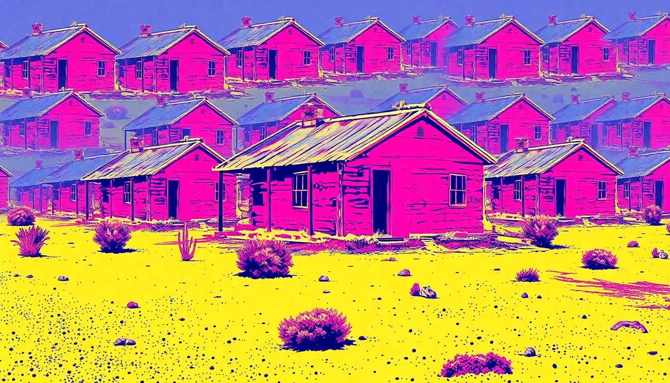 A bold, colorful silkscreen print depicting a run-down desert cabin repeated in a grid, conceptually representing the affordable but isolated homes available in the town of Darwin, California.