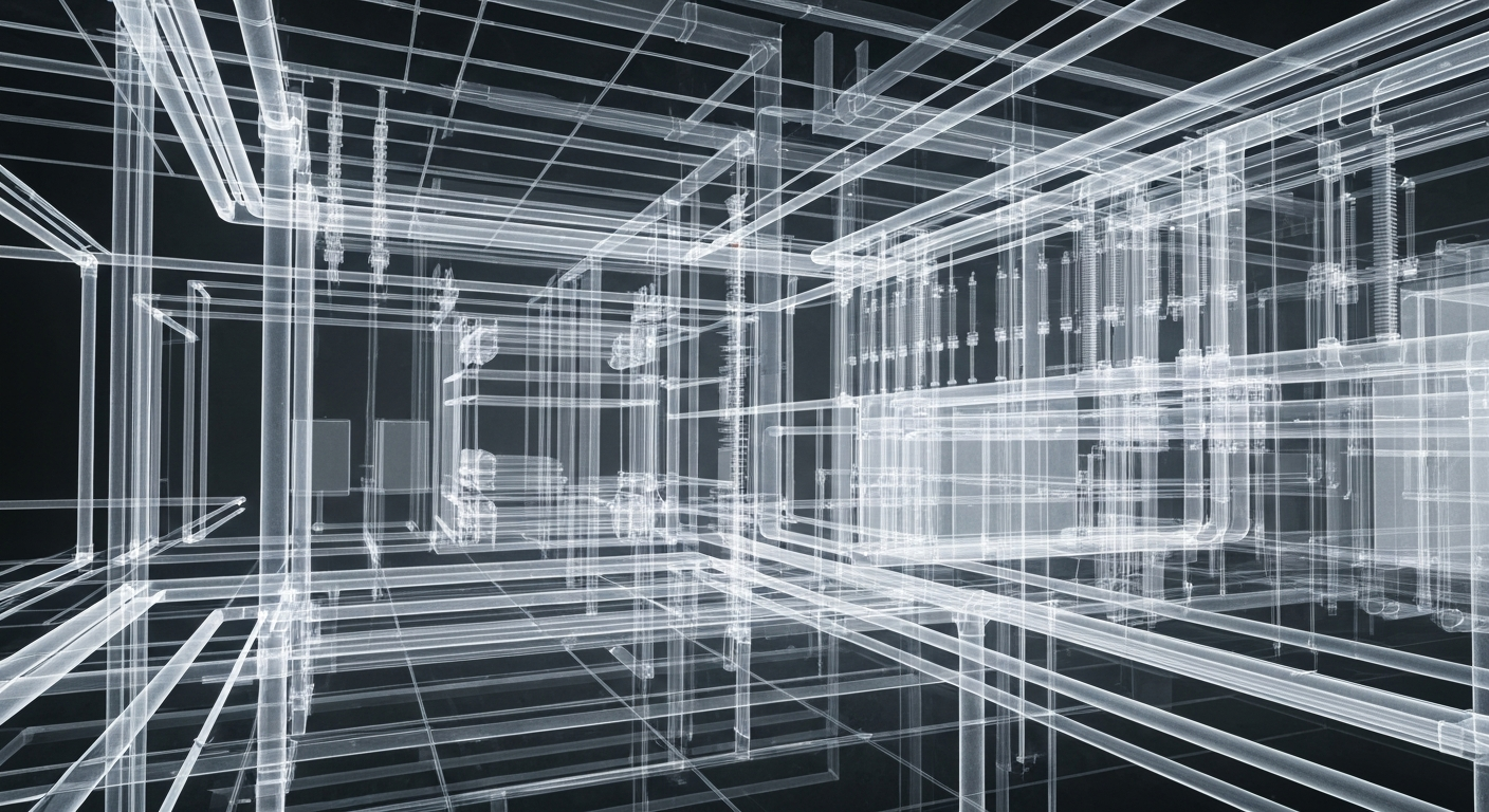An extreme close-up X-ray photograph revealing the intricate network of pipes, wires, and electrical components that power a hospital, conveying the complex inner workings that keep rural healthcare facilities operational.