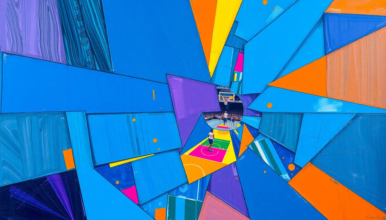 A fragmented, cubist-style painting depicting the silhouettes of basketball players and draft prospects, broken down into sharp, overlapping geometric shapes in a vibrant color palette, conceptually representing the Kings' shift in draft strategy.