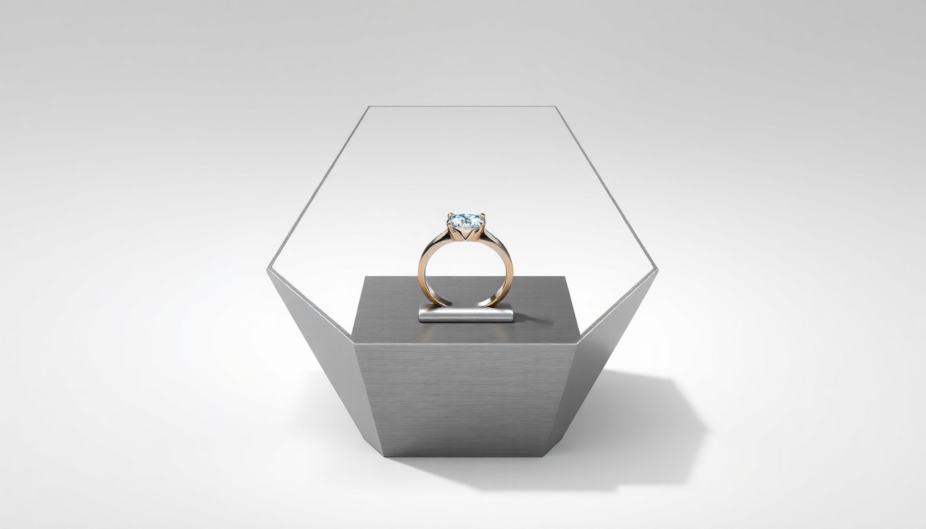 A minimalist studio photograph featuring a polished, geometric jewelry display stand made of brushed stainless steel, holding a single gleaming diamond ring on a clean white background, conceptually representing Maison Luxe's focus on high-end luxury goods.