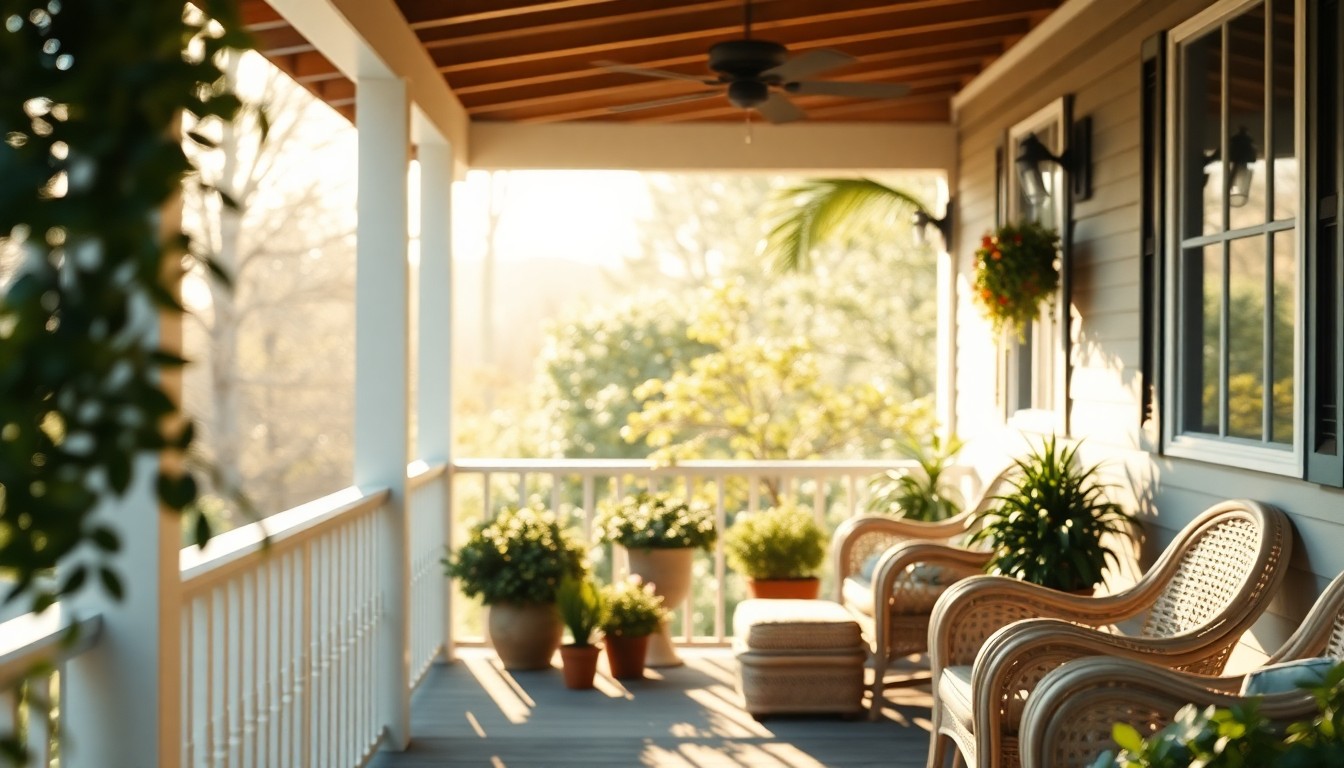 An extremely abstracted, out-of-focus photograph of a cozy porch scene with soft pools of warm light and color, conveying a sense of domestic comfort and tranquility.