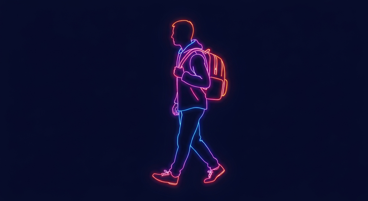 A minimalist design in the style of Keith Haring where the figure of a person walking with a backpack is defined entirely by glowing, vibrant neon lines against a deep, dark background, emphasizing the shape and energy of the person's movement.