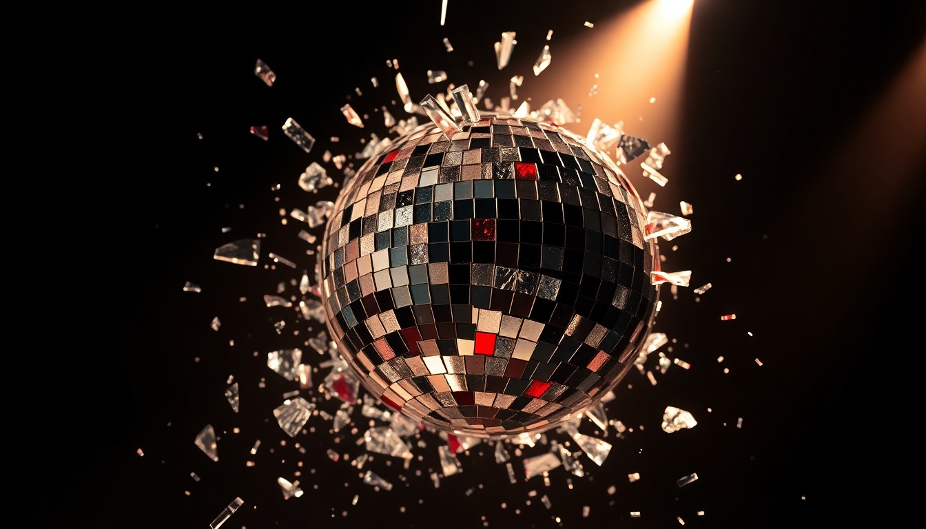 An abstract close-up photograph of shattered, glittering glass fragments in dramatic high-contrast lighting, conceptually representing the raw energy and chaotic spirit of the Mooney Suzuki's comeback performance.