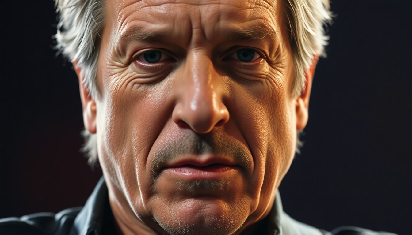 An extreme close-up photograph of Bruce Springsteen's weathered, expressive face, captured in dramatic studio lighting that highlights the intensity and emotion of his live performance. The image focuses on the textures and details of Springsteen's skin and features, creating a powerful, intimate portrait that conveys the raw energy and passion of his music.