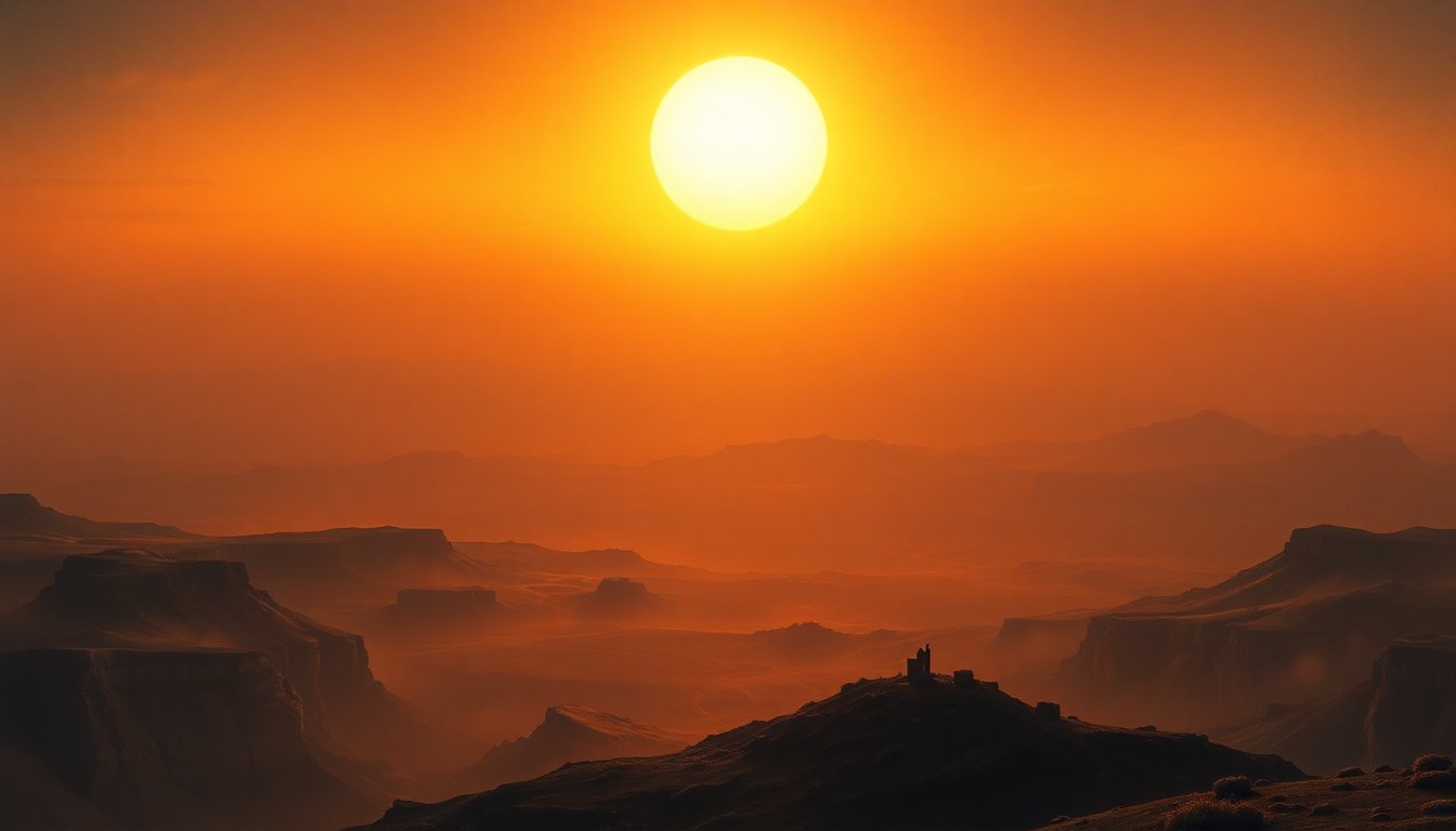 A sweeping, atmospheric landscape painting in muted tones of orange, yellow, and grey, depicting a vast, hazy horizon under a blazing sun. The scene conveys the overwhelming, sublime scale of the natural world, with any physical structures or objects dwarfed by the powerful elements.