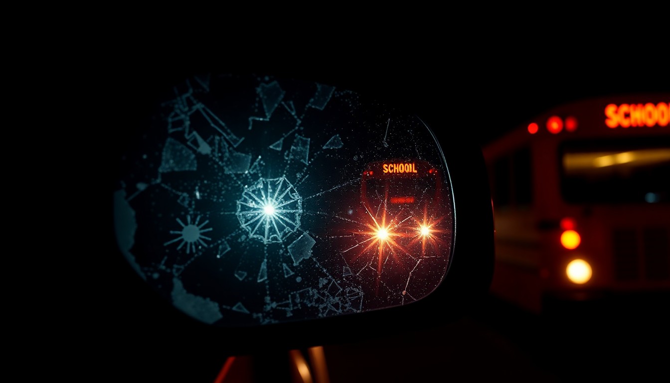 An extreme close-up photograph of a shattered car side mirror reflecting the flashing red lights of a school bus, captured in harsh, direct camera flash against a pitch-black background, conceptually illustrating the danger of drivers illegally passing stopped school buses.
