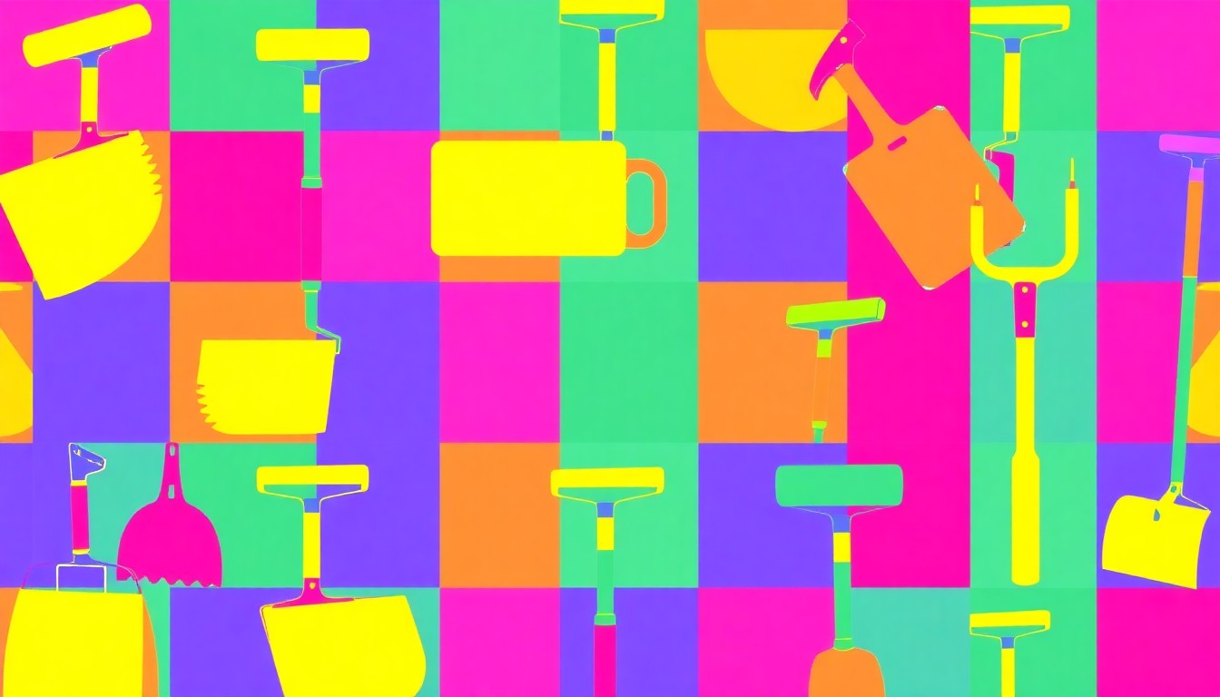 A brightly colored, high-contrast silkscreen print of a garden shovel repeated in a tight grid pattern, conceptually representing the burden of constant household chores expected of a visiting family.