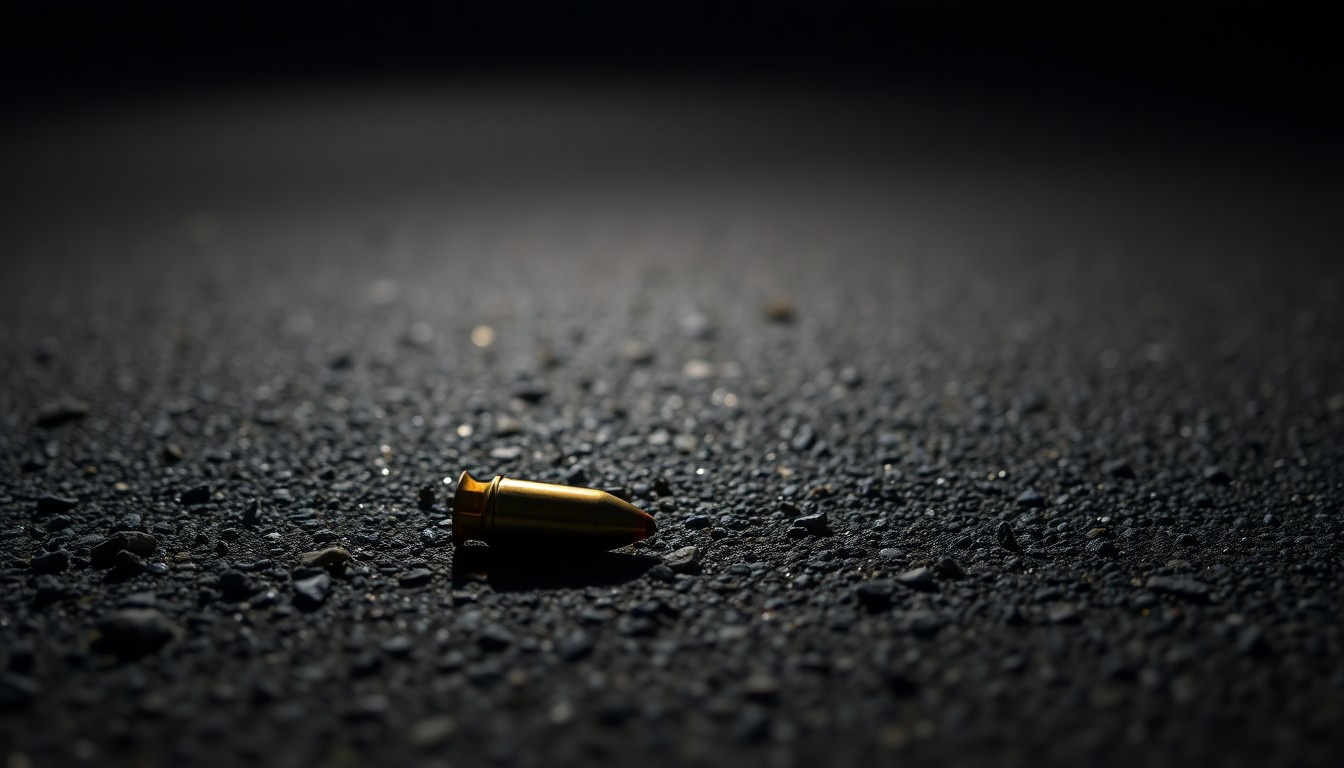 An extreme close-up photograph of a single spent shell casing on a dark pavement, the harsh flash illuminating the metallic texture and reflecting a faint glint of light, conceptually representing the aftermath of a violent crime incident.